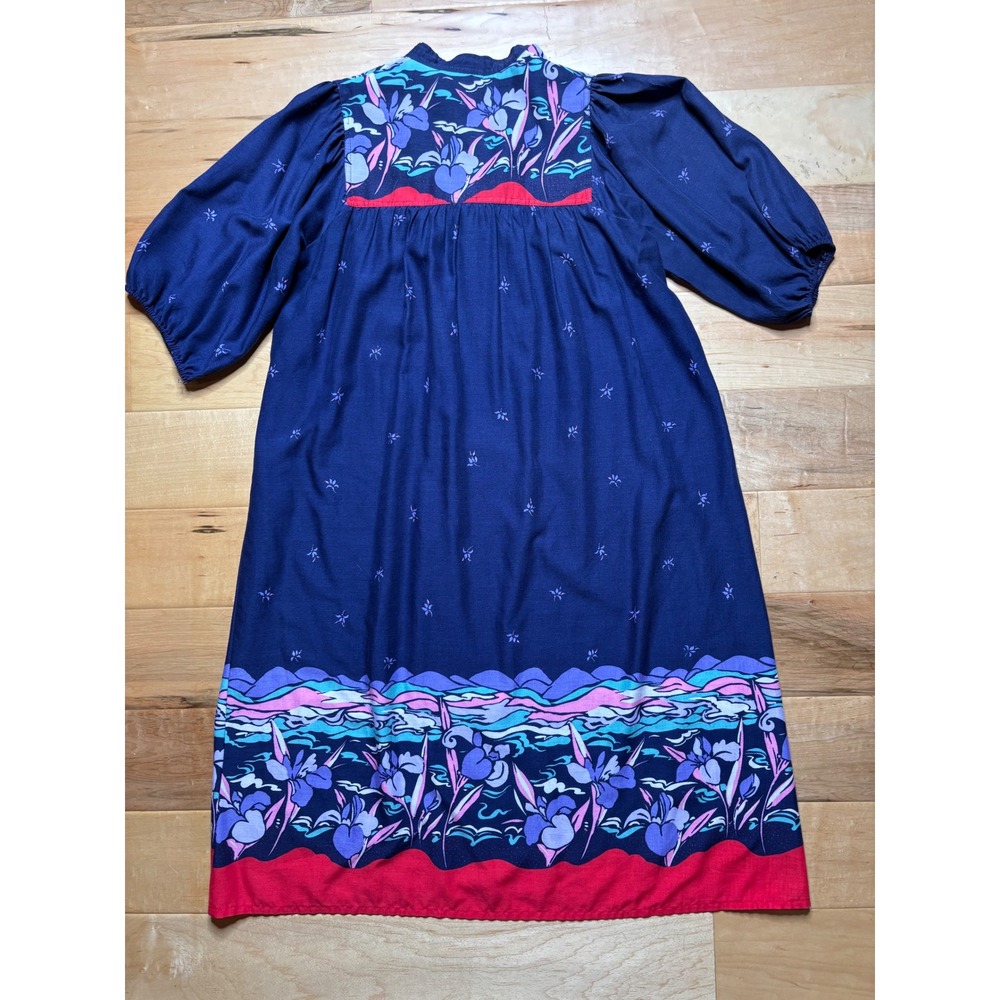 Robbie Bee Dress Womens Petite L Navy Blue Floral Border Print Puff Sleeve - Picture 4 of 13
